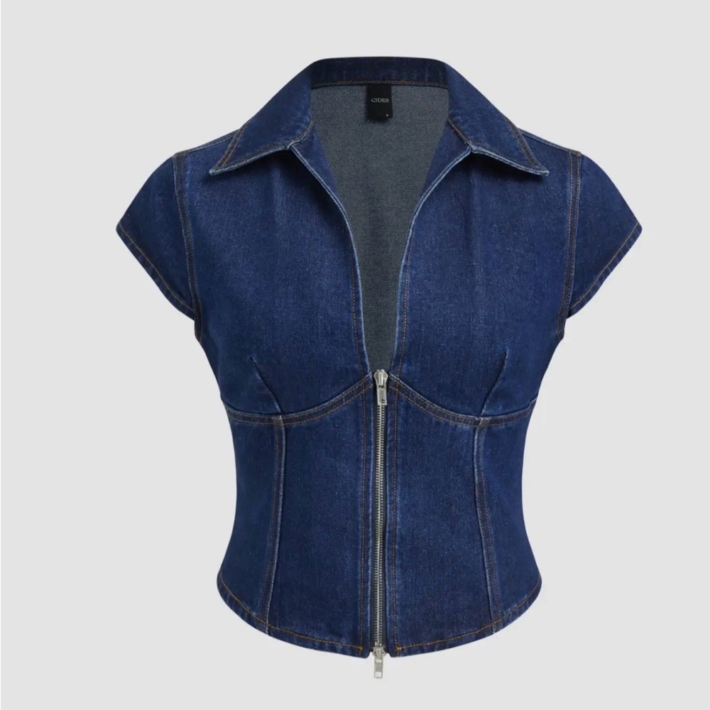 Cider Dark Blue Denim Zip-Front Cap Sleeve Top